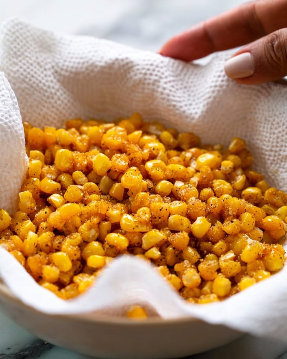 A close-up view of a white bowl lined with paper towels, filled with small, golden-yellow fried corn kernels that look crispy and slightly seasoned with black pepper, with a woman's hand gently touching the edge of the bowl, all placed on a white marbled surface photo taken with an iphone --ar 4:5 --v 7