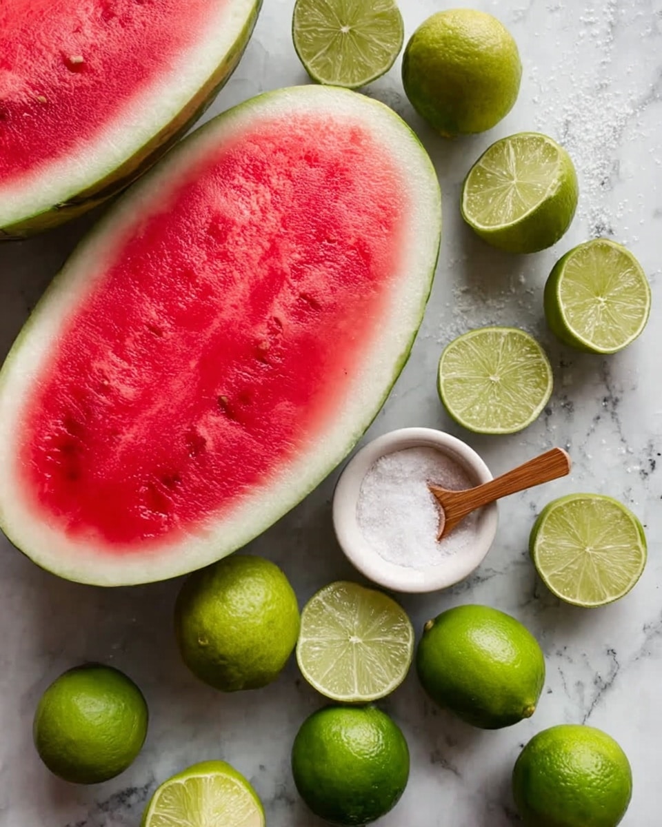 The image shows two large slices of watermelon with bright red flesh and green rind placed on a white marbled surface. Around them, there are many whole and halved limes with light green juicy interiors and darker green skins scattered. Near the center, there is a small white bowl filled with white salt and a small wooden spoon resting inside it. The overall look is fresh and colorful, with the red watermelon and green limes contrasting nicely against the white marbled background. photo taken with an iphone --ar 4:5 --v 7