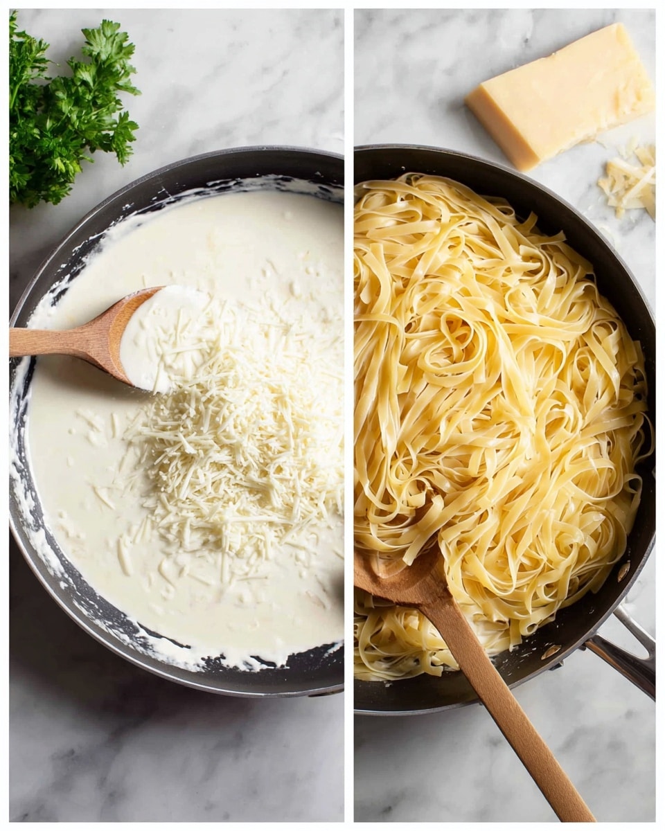 The image shows two views of a black frying pan placed on a white marbled surface. On the left side, the pan contains a creamy white sauce, with a wooden spoon resting in it, and shredded white cheese sprinkled on one half of the sauce. On the right side, the sauce fills the pan as well, but a pile of yellowish cooked fettuccine pasta sits on top on the right side of the pan. The wooden spoon now rests partially in the sauce near the pasta. In the background, there is a block of cheese and some green parsley leaves on the white marbled surface. Photo taken with an iphone --ar 4:5 --v 7
