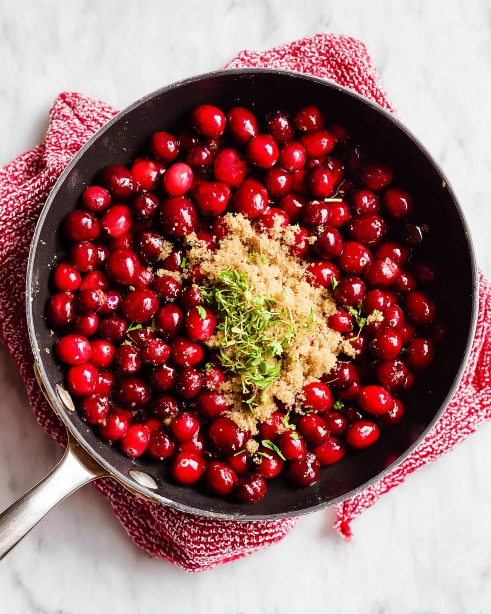 A round black pan sits on a white marbled surface with a red and white knitted cloth underneath it. Inside the pan, there is one layer of bright red cranberries, glossy and fresh, covering the entire bottom. On top of the cranberries, near the center, is a mound of light brown sugar with a crumbly texture, sprinkled with small bright green herb leaves scattered around and on top of the sugar. The silver handle of the pan extends out from the left side. The overall scene is bright and colorful with strong contrasts between red, brown, and green against the black pan and white marble background. photo taken with an iphone --ar 4:5 --v 7
