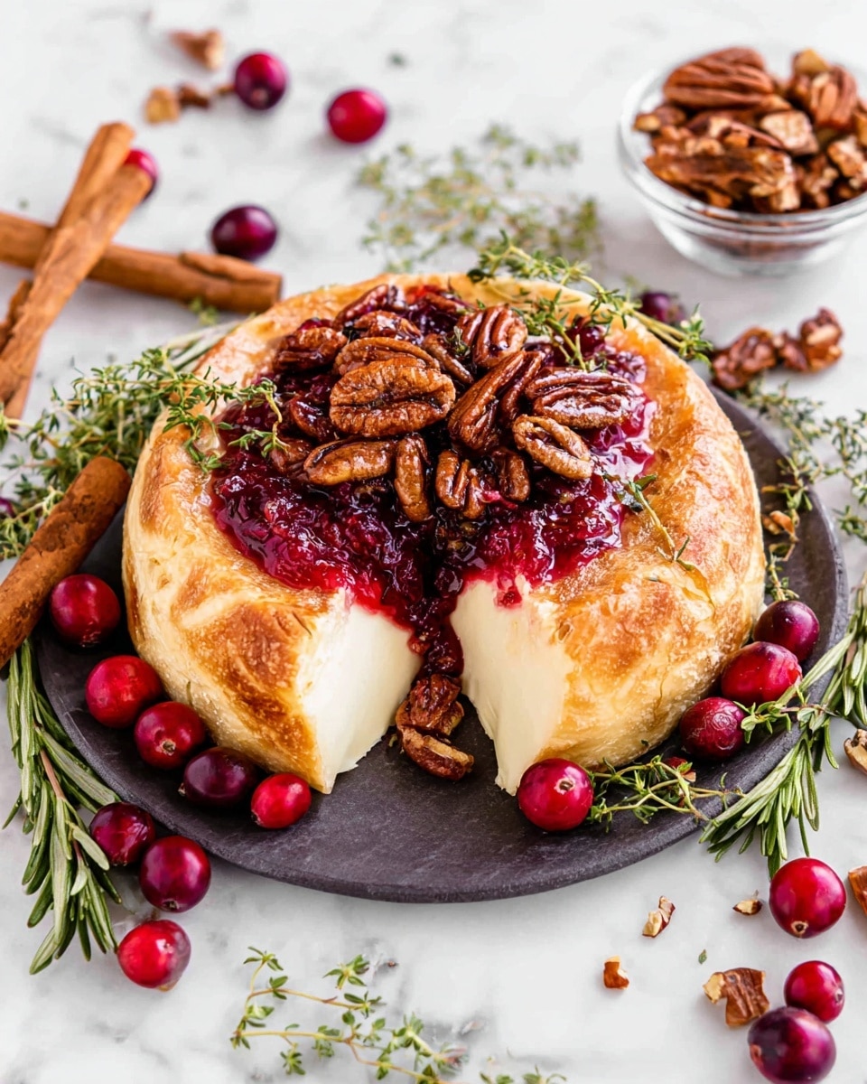A round baked wheel of golden brown cheese with a soft, creamy white inside showing from a wedge removed near the edge sits on a dark round plate. On top, a layer of bright red cranberry sauce is spread, topped with a cluster of shiny brown pecan nuts. Surrounding the cheese are fresh whole cranberries and sprigs of green rosemary and thyme, with cinnamon sticks, additional pecans, and more herbs scattered on a white marbled surface around the plate. A small glass bowl of pecans is visible in the upper right background. photo taken with an iphone --ar 4:5 --v 7
