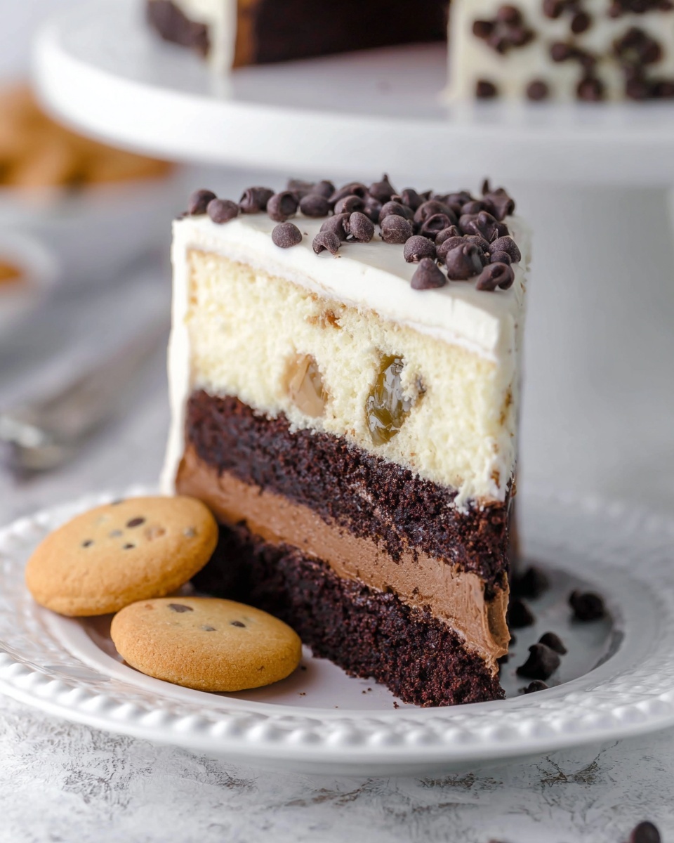 A slice of layered cake sits on a white plate with a detailed edge, placed on a white marbled textured surface. The cake has three main layers: the bottom layer is thick and dark brown with a moist texture; above it is a thinner, smooth, glossy dark chocolate layer; the top layer is pale cream with small chocolate chip pieces embedded in it, giving a slightly rough texture. The very top of the cake has a smooth white frosting with chocolate chips and a few light brown spots scattered through it. Near the side of the plate, there are round, tan cookies with small dark chocolate dots scattered around. Photo taken with an iphone --ar 4:5 --v 7