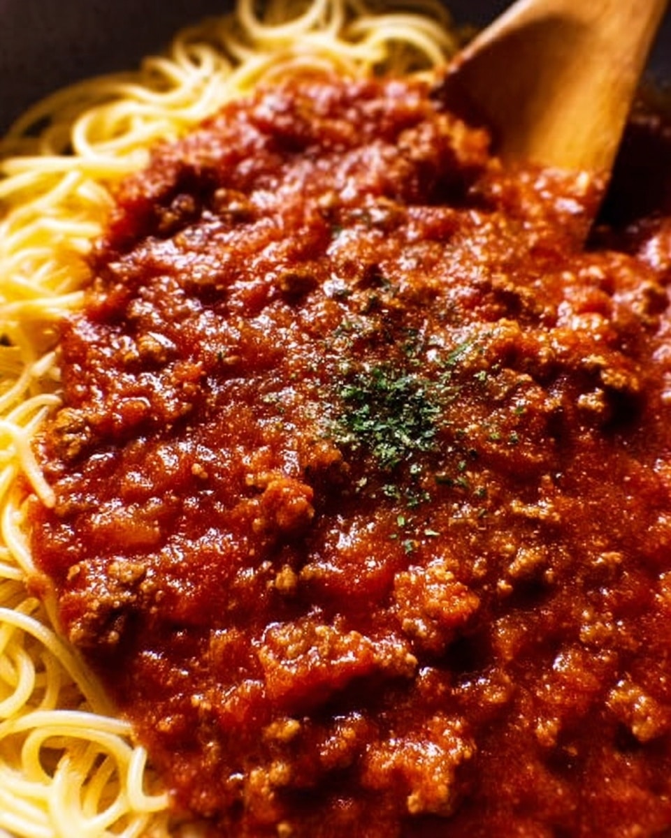 The image shows a close-up of a single layer of thick, rich red tomato sauce with small bits of ground meat mixed in, spread across the surface of cooked yellow spaghetti noodles that are visible on the left edge; the sauce has a slightly chunky texture and is topped with a small sprinkle of green herbs in the center, all resting on a white marbled surface with a wooden spoon partially visible in the top right corner. photo taken with an iphone --ar 4:5 --v 7