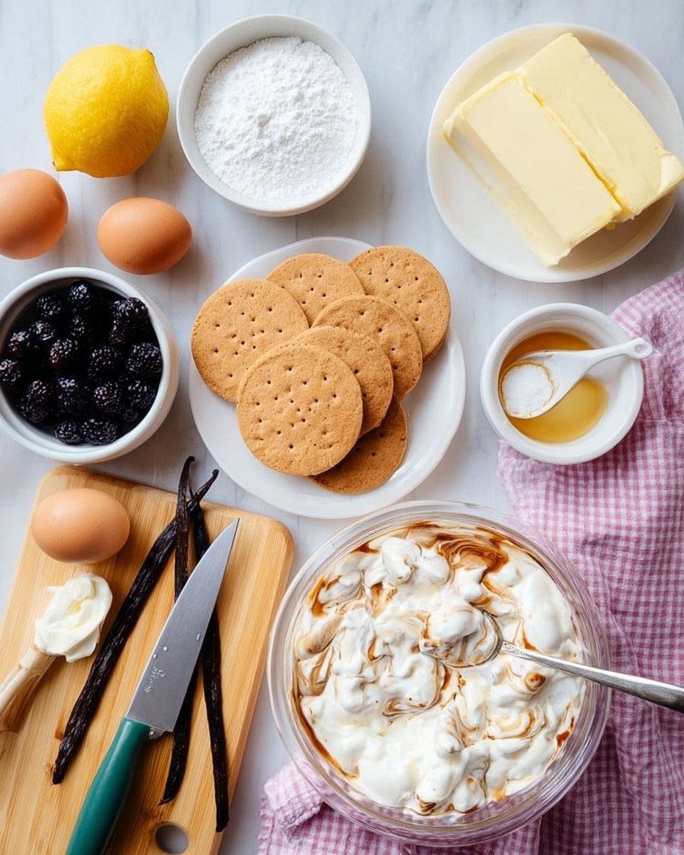 The image shows a flat lay of various cooking ingredients on a white marbled surface with a pink checkered cloth. In the center right, there is a clear glass bowl with white creamy cottage cheese mixed with brown vanilla extract swirls and a spoon inside. Next to it, there is a white plate arranged with a row of round brown biscuits. Above it, a small white bowl holds some white powdery sugar, and to the top right, a small white bowl contains two thick rectangular slabs of pale yellow butter with a silver spoon inside. Towards the left, a light wooden board has a sharp knife with a green handle, two dark brown vanilla pods, and a lemon half placed on it. Nearby are two brown eggs and a white bowl filled with dark purple-black berries. A woman’s hand is not visible but would be implied in the scene with the knife. Photo taken with an iphone --ar 4:5 --v 7