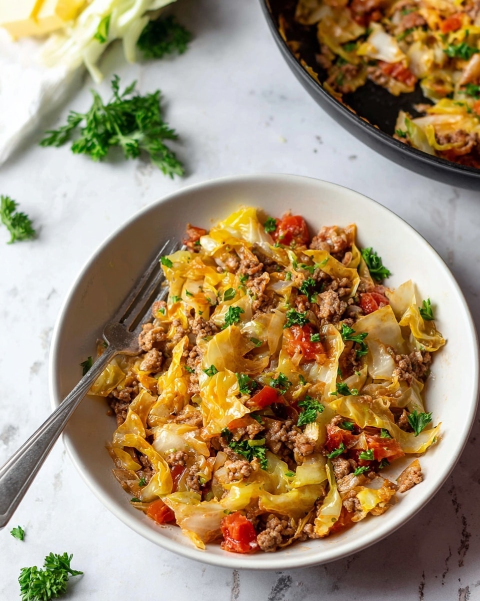 A white bowl filled with a colorful mix of cooked cabbage pieces in light greenish-yellow shades, ground meat in brown tones, diced tomatoes in red, and small chunks of yellow bell pepper, all mixed with melted cheese creating a slightly creamy texture that blends the ingredients. The mixture is garnished with fresh green parsley leaves scattered on top. A silver fork rests inside the bowl on the left side, partially covered by the food. The bowl sits on a white marbled surface with some parsley leaves and a small piece of yellow butter visible around it. In the background, a black pan with more of the dish is placed in the upper right corner. Photo taken with an iphone --ar 4:5 --v 7