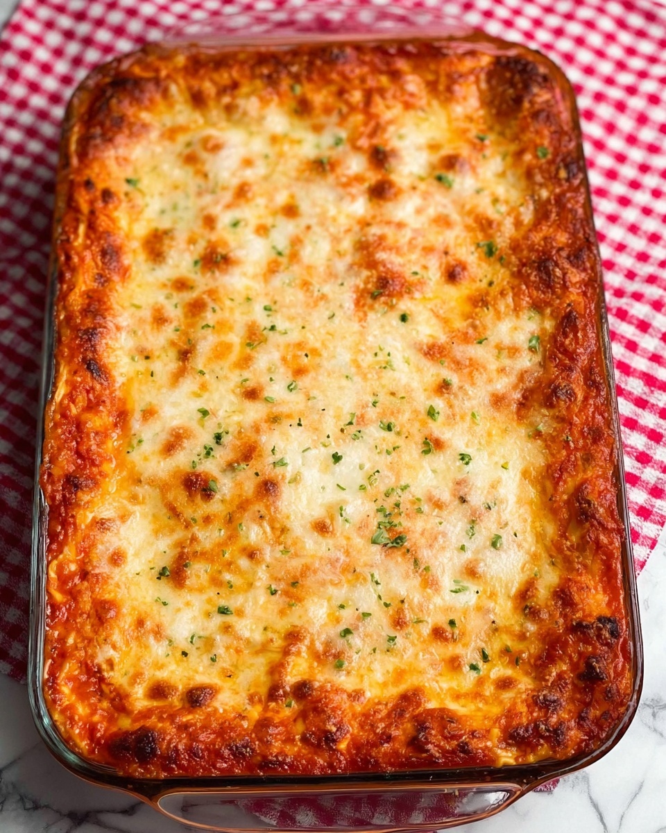 A clear glass baking dish filled with a baked lasagna sits on a white marbled surface with a red and white checkered cloth underneath. The lasagna has a thick top layer of melted cheese, golden brown in some spots with small browned bubbles all over, and a light sprinkle of green herbs scattered on top. Underneath the cheese, a rich, red tomato sauce with hints of orange peeks out around the edges. The texture looks smooth on the top but soft and layered beneath, filling the entire rectangular dish evenly. photo taken with an iphone --ar 4:5 --v 7