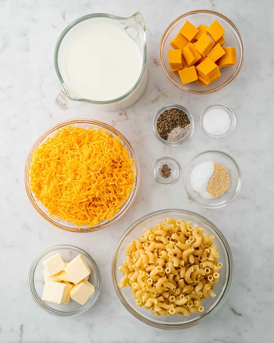 The image shows several clear glass bowls and a clear glass pitcher arranged on a white marbled surface. The largest bowl at the bottom left contains bright orange shredded cheese. To the bottom right, a similar-sized bowl holds uncooked macaroni pasta, pale yellow in color. Above these, there is a medium bowl filled with small cubes of orange cheese and a smaller bowl with white cubes of butter. A clear glass pitcher on the top left holds a white liquid, likely milk. A glass filled with a light cream-colored liquid sits near the center top. Three small clear bowls hold white salt, black pepper, and a light tan powder, likely seasoning, placed near the center right. Each ingredient is neatly separated, creating a clean and organized presentation. Photo taken with an iphone --ar 4:5 --v 7