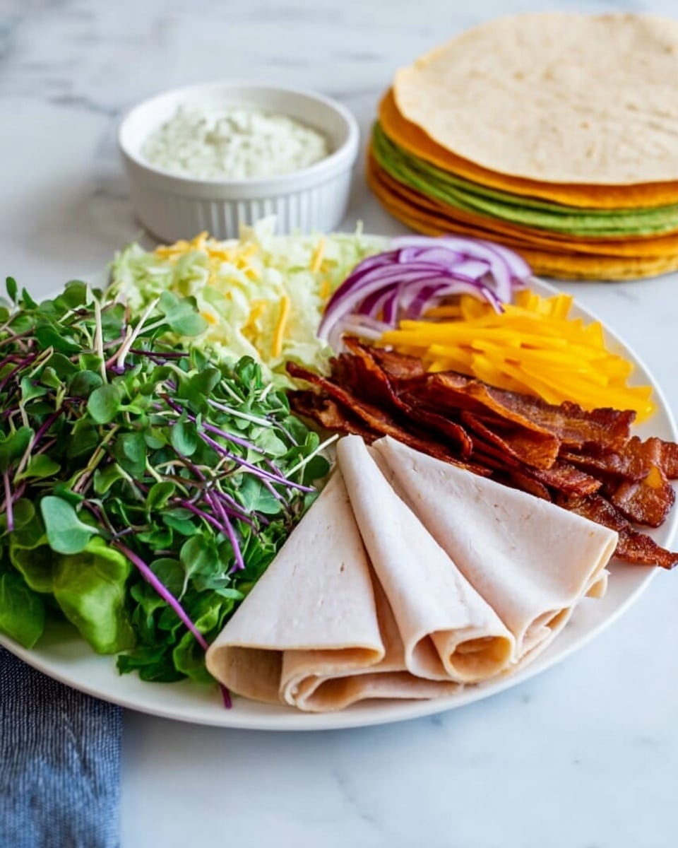 The image shows a white plate with several layers of food items arranged side by side. Starting from the left, there is a pile of green leafy microgreens with thin purple stems, followed by pale yellow lettuce leaves. Next to the lettuce are thinly sliced red onions, bright yellow pepper slices, and a few crispy brown bacon strips. Near the center front of the plate are several folded slices of light beige deli meat. Behind the plate, there is a small white bowl filled with a light creamy mixture, possibly cheese spread or dip. To the right side, there is a stack of four folded tortillas in different colors: white, light yellow, orange, and green, placed on a white marbled surface. The background is white marble. photo taken with an iphone --ar 4:5 --v 7