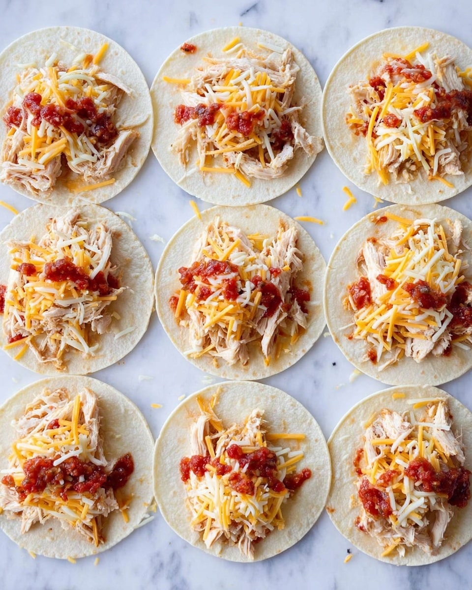 Ten small white tortillas are laid out flat on a white marbled surface in two rows, five in each row. Each tortilla has three layers centered lengthwise: the bottom layer is shredded light beige chicken, topped with small pieces of red salsa with some green bits mixed in, and the top layer is a mix of shredded yellow and white cheese scattered evenly. The colors are soft and pastel, with a mix of creamy white, light tan, red, green, and yellow. The overall scene is bright with natural light. Photo taken with an iphone --ar 4:5 --v 7