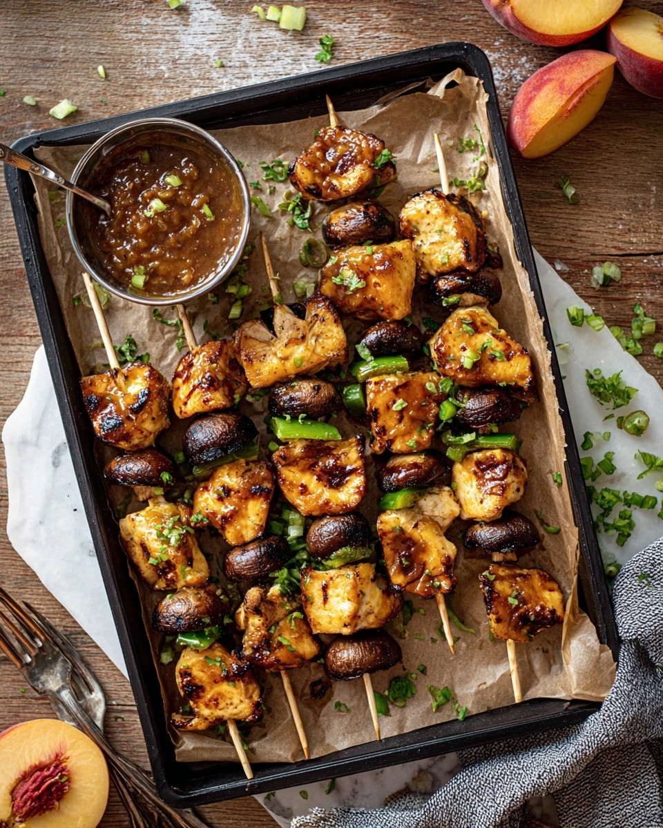 A black tray lined with brown parchment paper holds eight shiny grilled skewers with three main layers: golden-brown chicken pieces with a slightly charred surface, dark reddish-brown mushroom caps with a glossy texture, and small bright green pepper slices in between, creating a colorful and appetizing look. In the top left corner of the tray, there is a small round silver bowl filled with chunky brown sauce. The tray is placed on a wooden table sprinkled with finely chopped green peppers, a peach slice, and a fork with a gray cloth near the bottom right. The overall setting is warm and rustic with a white marbled surface visible around the tray edges photo taken with an iphone --ar 4:5 --v 7