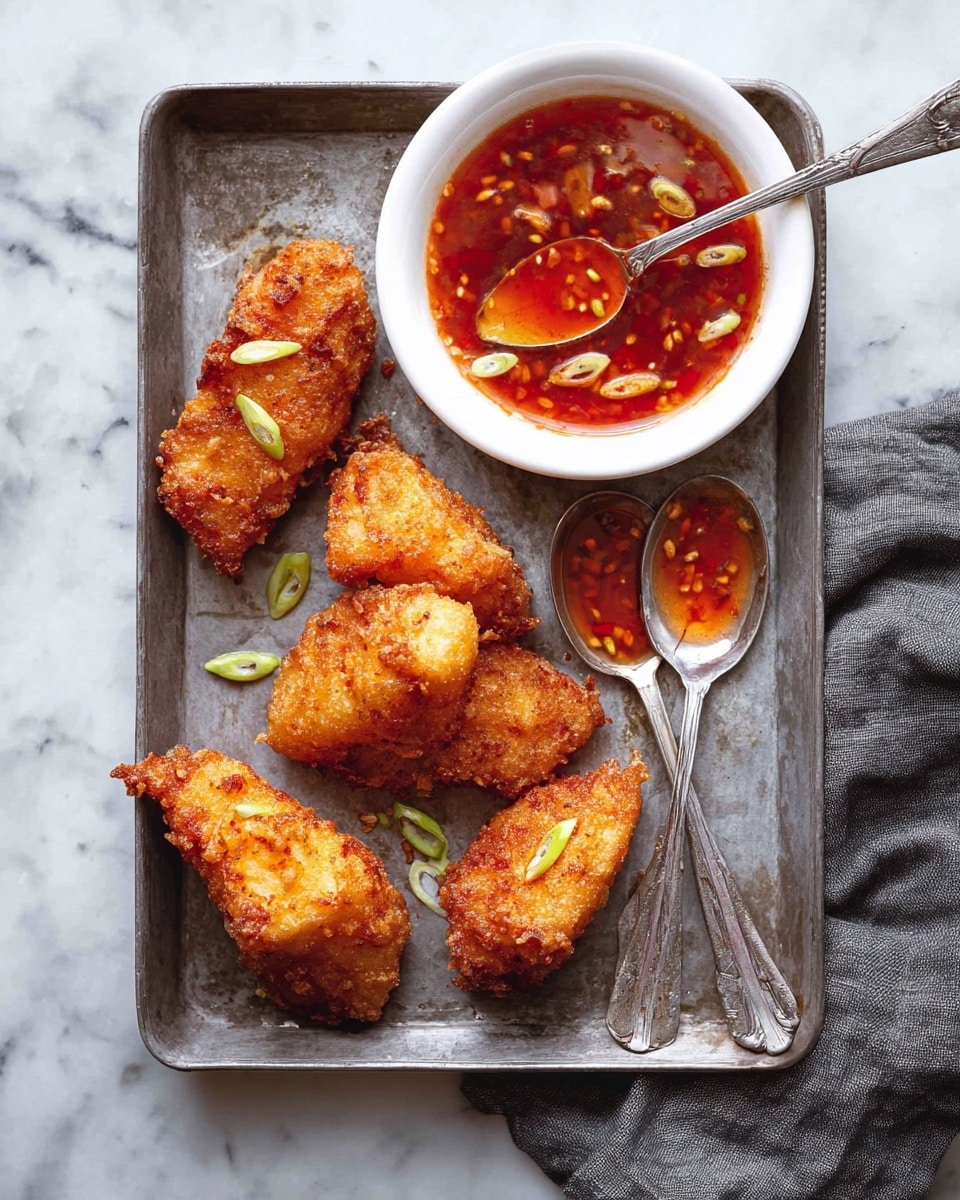 The image shows four pieces of crispy fried chicken tenders on a metal baking tray placed on a white marbled surface. Each piece is golden brown with a crunchy texture and is sprinkled with coarse salt that shines under the light. On the left side of the tray, there are two metal spoons, one with a small amount of dark sauce and the other with a reddish sauce, adding a touch of color contrast. The fried chicken tenders look juicy inside with a rough, crunchy outer layer, and the whole composition gives a feeling of warmth and deliciousness. Photo taken with an iphone --ar 4:5 --v 7