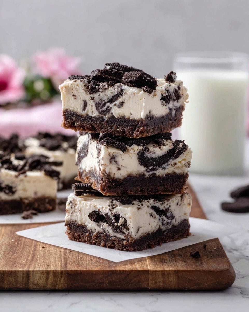 The image shows a square piece of cookies and cream dessert with three distinct layers. The bottom layer is a thick, dark chocolate crust that looks firm and slightly crumbly. The middle layer is a creamy white filling mixed with crushed dark chocolate cookies, giving it a speckled, textured look. On the top, there is a smooth layer of cream with several bigger pieces of chocolate cookies placed unevenly as decoration. The dessert is placed on a piece of white paper on a white marbled surface. In the background, there is a blurred stack of chocolate sandwich cookies and a white glass filled with milk, with some pink flowers softly visible behind. Photo taken with an iphone --ar 4:5 --v 7