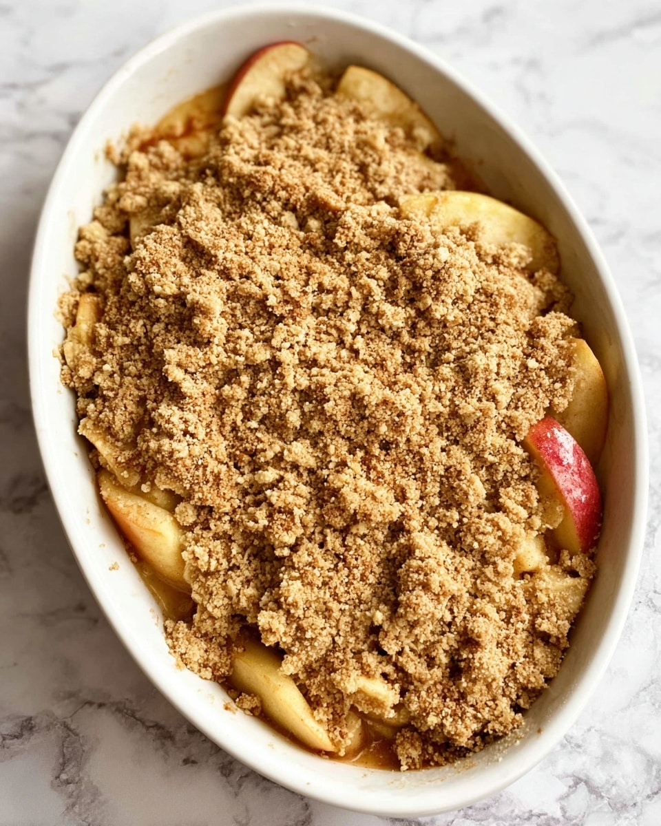The image shows a white oval dish filled with a layered apple crumble. The bottom layer consists of soft cooked apple slices with a yellow and slightly red peel visible around the edges. The top layer is a thick, crumbly mixture of oats and light brown sugar, with a coarse texture covering the apples completely. The dish is placed on a white marbled surface. Photo taken with an iphone --ar 4:5 --v 7