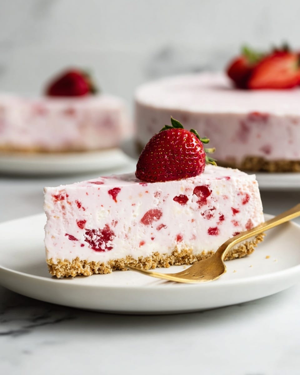 A slice of creamy strawberry cheesecake sits on a white plate over a white marbled surface. The dessert has two layers: the bottom layer is a light brown crumbly crust, and the thick top layer is pale pink with many small red strawberry pieces mixed inside. On top of the cheesecake slice is half a fresh red strawberry with green leaves. In the background, there is a blurred full cheesecake and another plate with a slice of the same cake. Photo taken with an iphone --ar 4:5 --v 7
