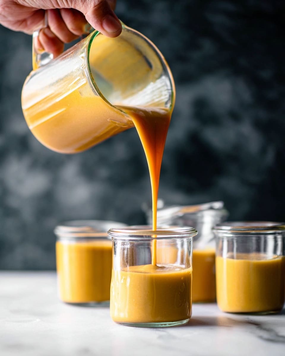 A woman's hand is holding a clear glass measuring cup tilted to pour a thick, smooth golden sauce into a short, clear glass jar. The jar is one of four clear glass containers placed on a white marbled surface, two jars are partially filled with the same sauce. The backdrop is a dark, soft textured pattern, creating contrast with the bright sauce and glass containers. The golden sauce flows in a steady stream, showing a rich and creamy texture. photo taken with an iphone --ar 4:5 --v 7