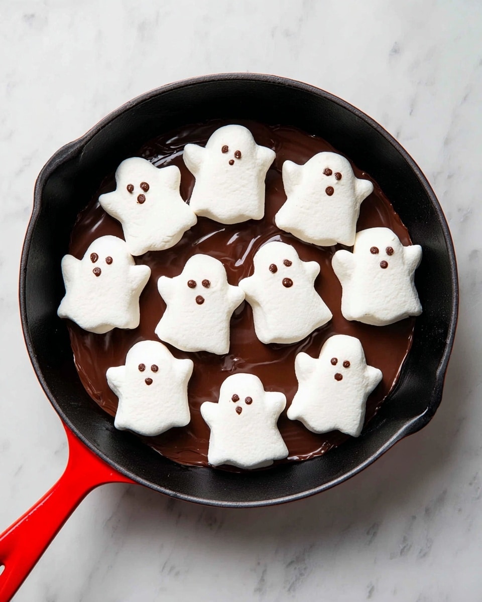 The image shows a black skillet with a red handle placed on a white marbled surface. Inside the skillet, there is a layer of melted chocolate on the bottom. On top of the chocolate, there are nine white ghost-shaped marshmallows arranged neatly to cover the chocolate completely. Each marshmallow has small brown spots for eyes and mouth, giving them a cute face. The marshmallows have a soft, fluffy texture and are evenly spread over the chocolate layer. photo taken with an iphone --ar 4:5 --v 7