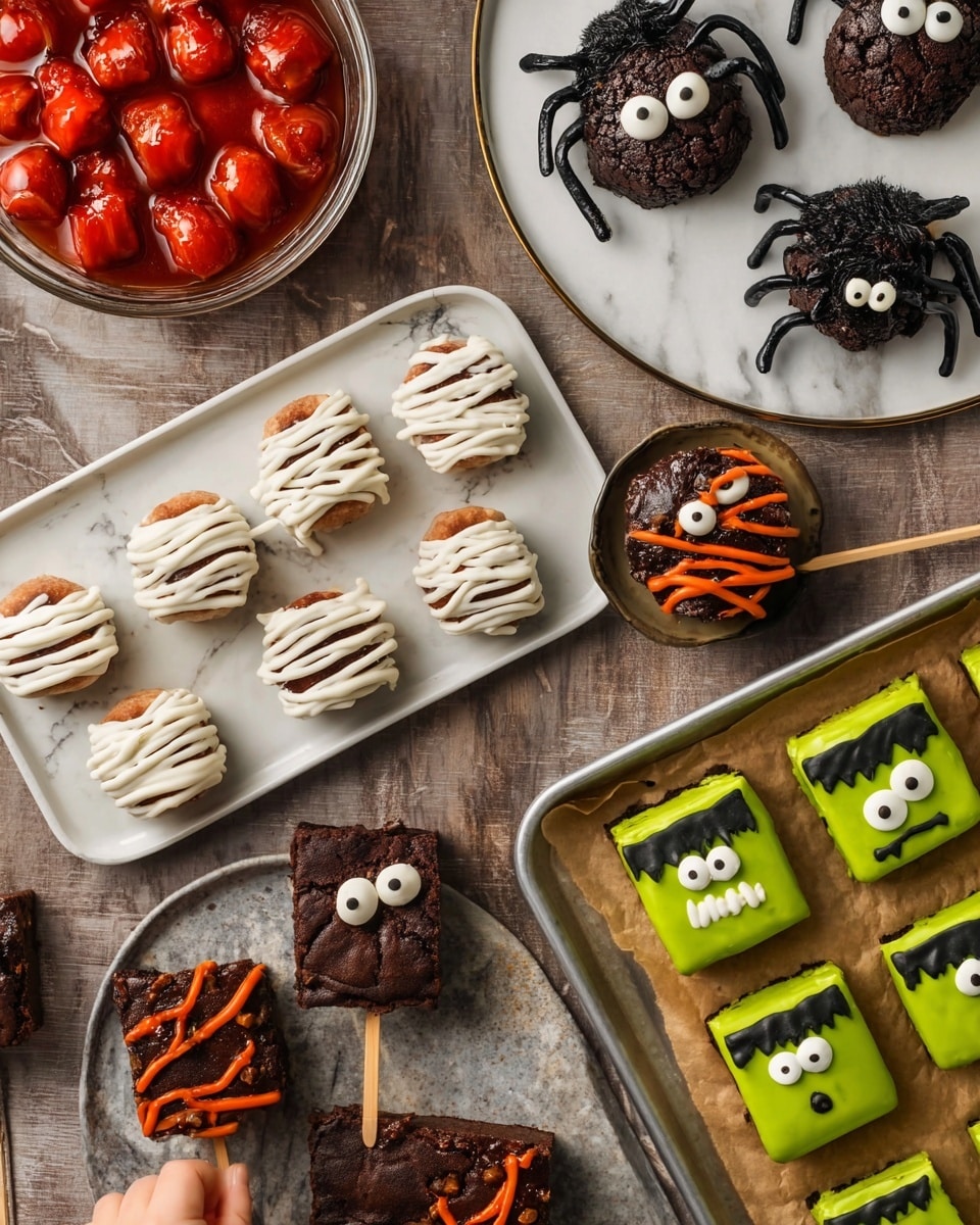 The image shows a variety of Halloween-themed treats arranged on a white marbled surface. In the top left corner, there is a glass dish filled with shiny red sauced stuffed dumplings. To the left center, a white rectangular plate holds four mummy-themed cookies with white icing bandages and two candy eyes each on a dark cookie base. Next to it on the right, a white round plate has four black spider-shaped donuts decorated with white candy eyes and orange pretzel stick legs. At the top right, a white round plate holds two small green Frankenstein square treats with chocolate zigzag mouths and candy eyes, each with a pretzel stick “neck.” On the bottom center, a woman’s hand is placing or holding a mummy pop, decorated similarly with white icing wrapped around a dark base and candy eyes on a stick. Nearby, two Frankenstein cookie pops are placed on brown parchment paper. In the lower right, there is a metal tray with rectangular mummy brownies decorated with white icing strips and candy eyes on a dark brownie base. Photo taken with an iphone --ar 4:5 --v 7