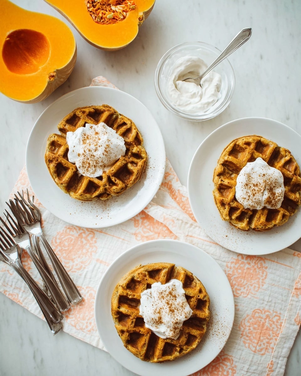 The image shows three white plates, each with a single round waffle that has a textured, golden-brown surface and visible grid pattern. Each waffle has a dollop of white cream on top, slightly melting and sprinkled with light brown cinnamon. The plates sit on soft pastel-colored cloths with light patterns, placed on a white marbled surface. At the top left, there are two halves of a bright orange butternut squash with visible seeds. A clear glass bowl with white cream and a spoon is near the top center. To the left, four silver forks are arranged side by side with their handles pointing down. Photo taken with an iphone --ar 4:5 --v 7