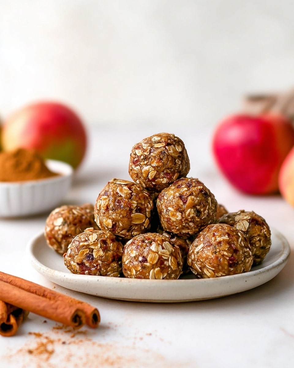 A white plate holds a pile of round energy balls made from oats and small bits of nuts, showing a mix of light tan, brown, and orange colors in their rough texture; the balls are stacked in two layers with some resting on the plate’s surface and others on top. The plate sits on a white marbled surface, with blurred red and green apples, two cinnamon sticks lying nearby on the left, and a small white bowl filled with brown powder in the background. The whole scene has soft lighting and a clean, simple look. photo taken with an iphone --ar 4:5 --v 7