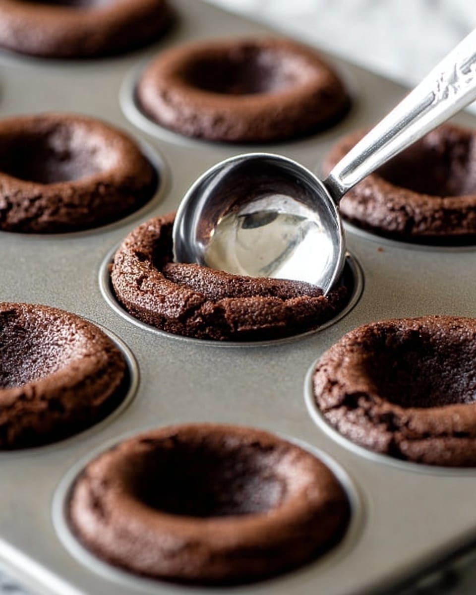 The image shows a close-up of a metal baking tray with round chocolate cakes baked inside. Each cake is thick with a dark brown color and slightly cracked rough texture on top. A silver measuring spoon is pressing down into the center of one cake, creating a shallow hollow layer in the middle while the rest of the cake remains raised around it. The background is a white marbled surface that softly blurs out, focusing on the deep brown cakes and shiny metal spoon. photo taken with an iphone --ar 4:5 --v 7
