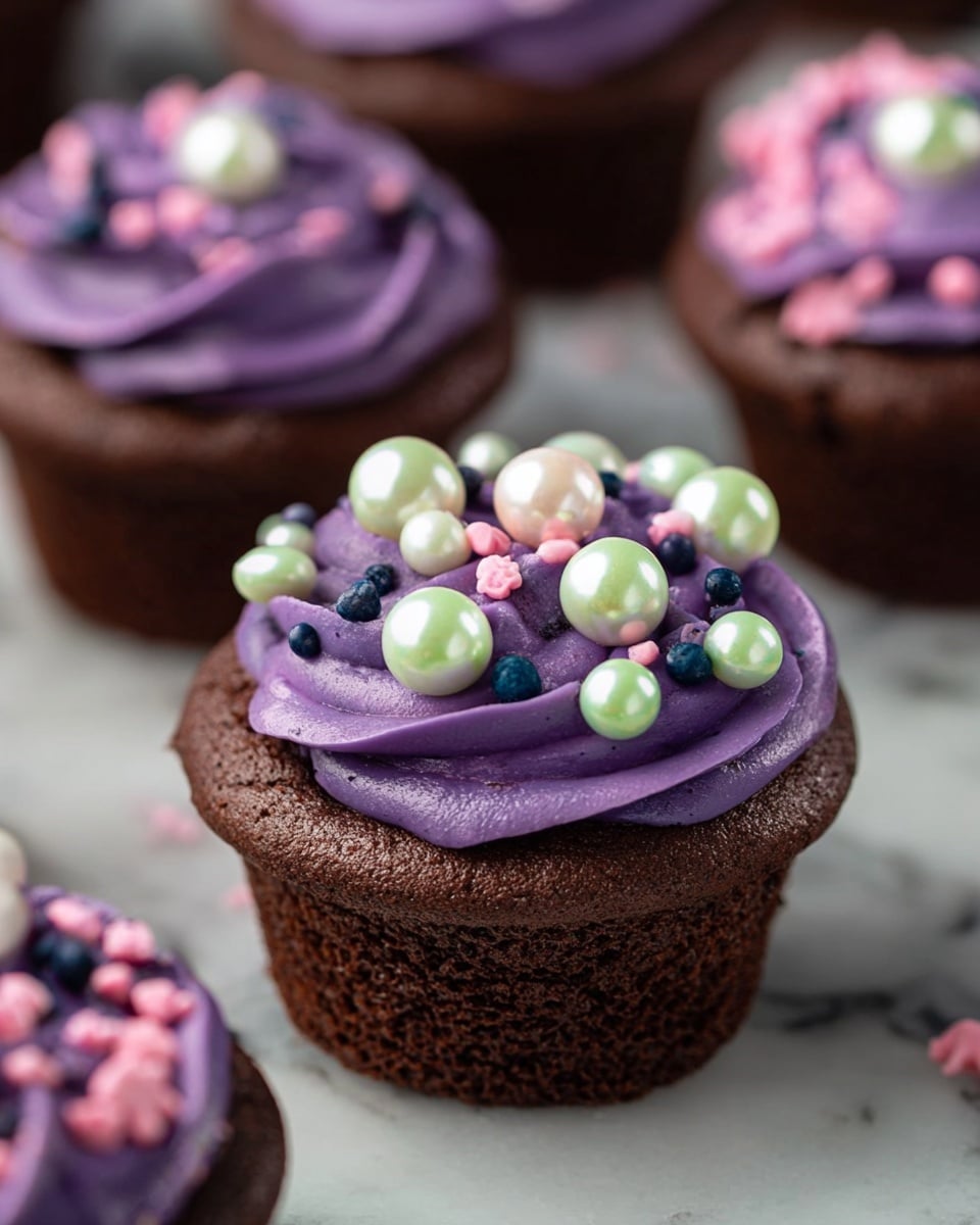 A close-up view of a chocolate cupcake with one main layer of thick, rich chocolate cake forming the base. On top, there is a single thick swirl of smooth purple frosting that sits neatly in the middle. The frosting is decorated with shiny white edible pearls of different sizes, small pink round sprinkles, tiny dark blue dots, and a few small pink flower-shaped sprinkles, all placed closely together. The cupcake is on a white marbled surface, with other similar cupcakes slightly blurred in the background. photo taken with an iphone --ar 4:5 --v 7