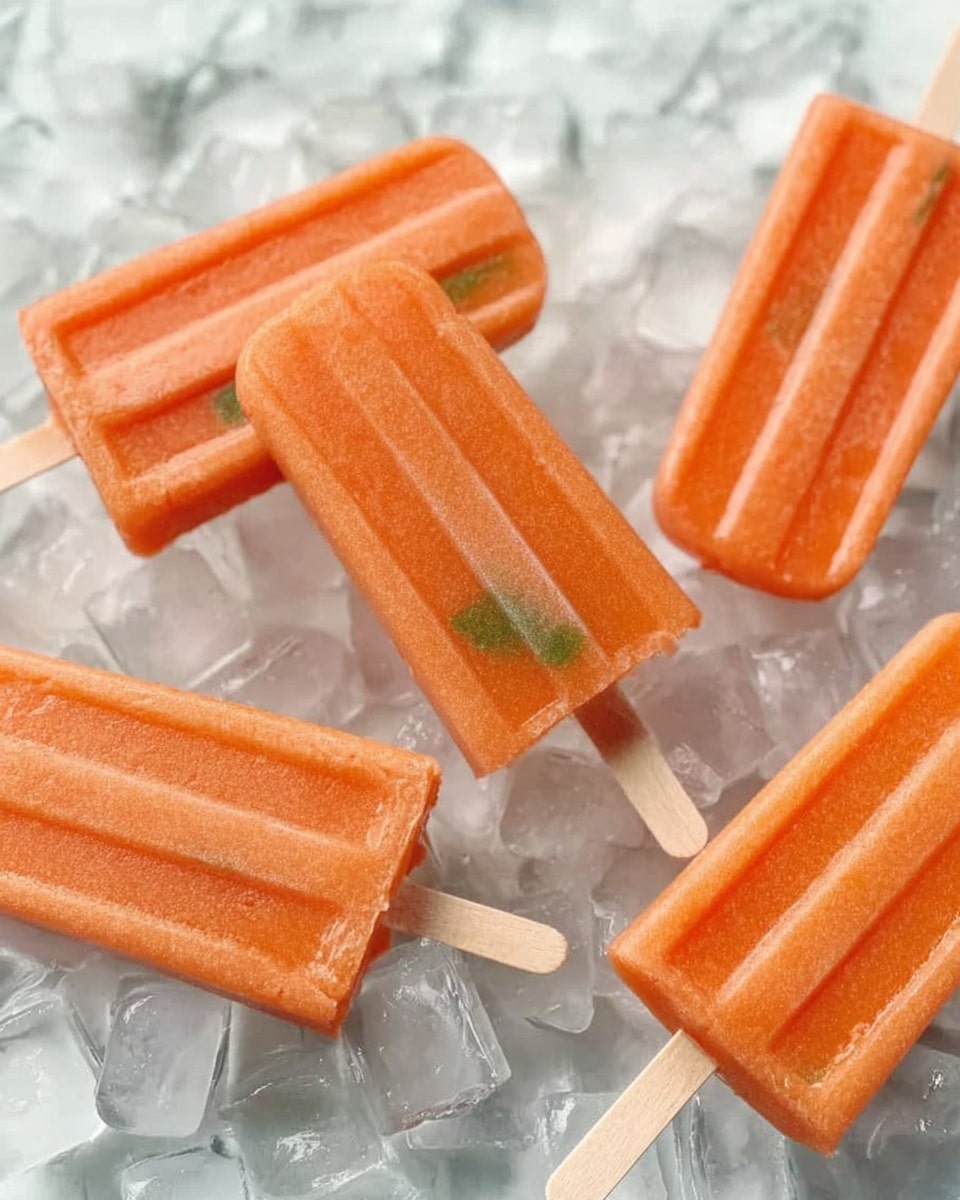 The image shows four orange popsicles with faint green streaks inside them, placed on top of ice cubes that fill the entire frame. Each popsicle has a smooth, ridged surface and a wooden stick at the bottom. The ice cubes are clear and shiny, with some reflections visible. The background is a white marbled texture. photo taken with an iphone --ar 4:5 --v 7