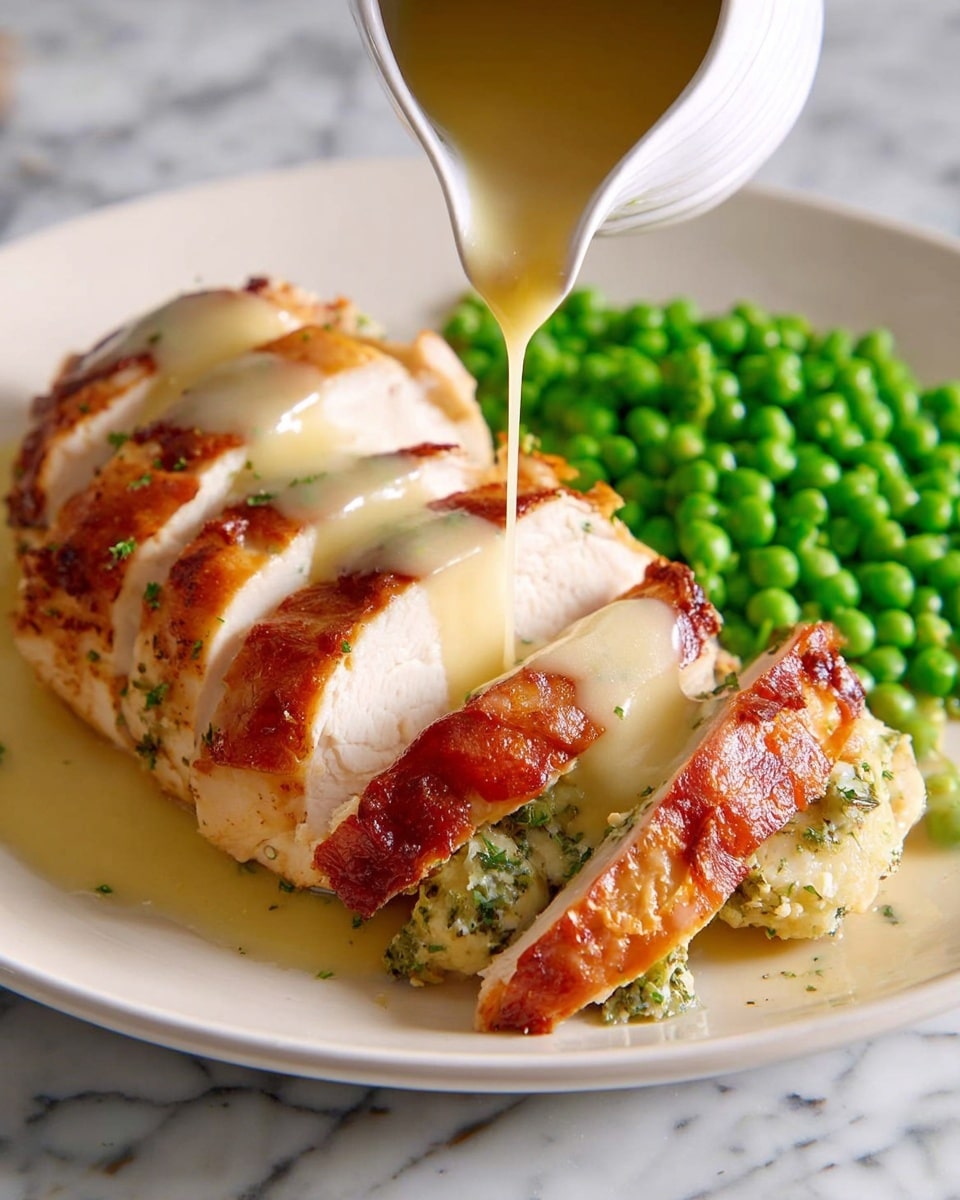 A white plate holds four thick slices of roasted chicken arranged in a row, showing their white and juicy inside with crispy golden-brown skin on top. Between the pieces of chicken, there is a green herb filling visible. A creamy beige sauce is being poured from a white small pitcher over the chicken, covering part of it. To the right of the chicken slices, there is a pile of bright green peas, adding a fresh color contrast. The plate is set on a white marbled surface. photo taken with an iphone --ar 4:5 --v 7