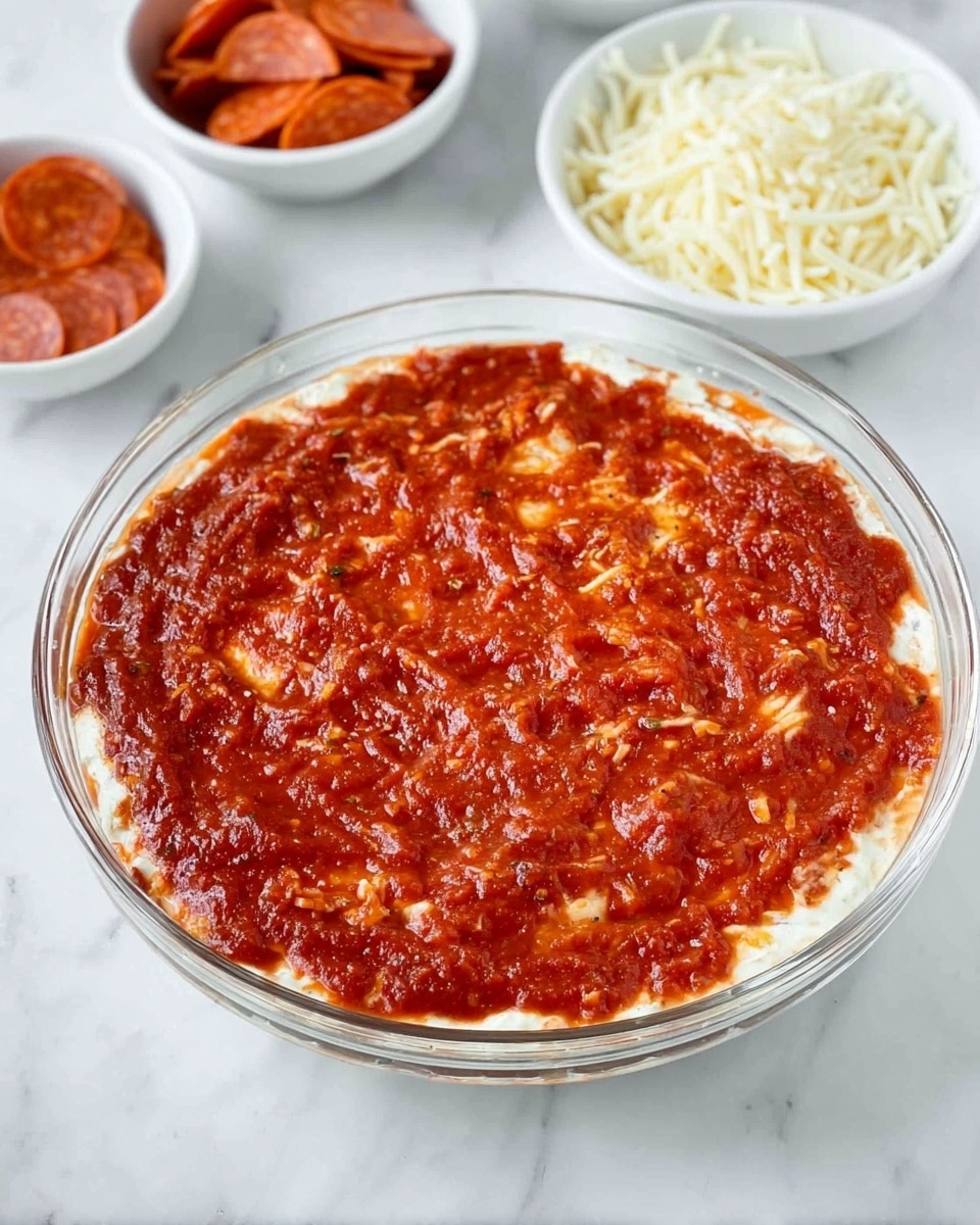 A clear round glass dish shows two layers: the bottom layer is white and creamy, mostly covered by the top layer of thick, bright red tomato sauce with visible herbs and bits of melted light yellow shredded cheese peeking through. Around the dish, on a white marbled surface, are three small white bowls; one bowl contains thin, orange-red pepperoni slices, and the other two hold piles of shredded pale yellow mozzarella cheese. Photo taken with an iphone --ar 4:5 --v 7
