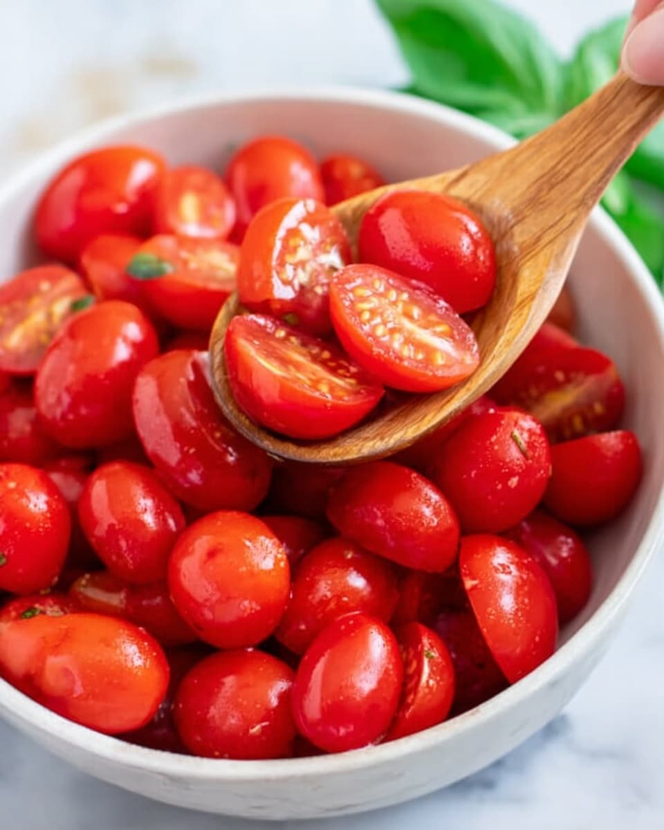 The image shows a white bowl filled with many bright red halved cherry tomatoes. The tomatoes are smooth and shiny, showing juicy flesh and small seeds inside. A wooden spoon is scooping up some of the tomatoes, with a woman's hand holding the spoon from the top. In the background, some green leaves, possibly basil, can be seen peeking out from the bowl. The bowl sits on a white marbled surface, giving it a clean and fresh look. photo taken with an iphone --ar 4:5 --v 7
