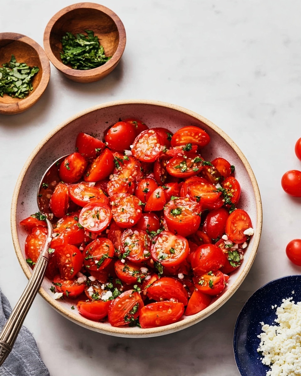 A deep white bowl filled with bright red cherry tomatoes, all cut in half to show the juicy inside, mixed with small pieces of green herbs scattered evenly throughout. A silver spoon is resting inside the bowl on the left side. Around the bowl, on a white marbled surface, there are two small wooden bowls; one contains chopped green herbs and the other is filled with white crumbly cheese. A few whole cherry tomatoes and some green herb leaves are casually placed on the surface nearby. The overall look is fresh and colorful with a simple, clean background. photo taken with an iphone --ar 4:5 --v 7