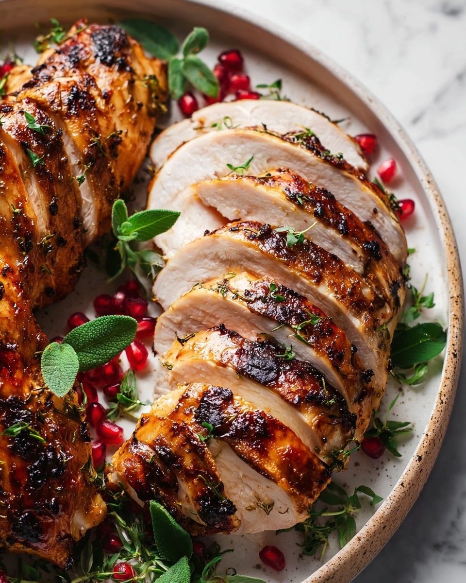 A whole roasted chicken with a shiny, golden brown skin speckled with black pepper and herbs sits on a white plate. Around the chicken, there are bright red pomegranate halves with visible seeds and fresh green herbs adding color. The plate rests on a white marbled surface, and part of a white cup is visible in the blurry background. The texture of the chicken skin looks crispy and juicy. photo taken with an iphone --ar 4:5 --v 7