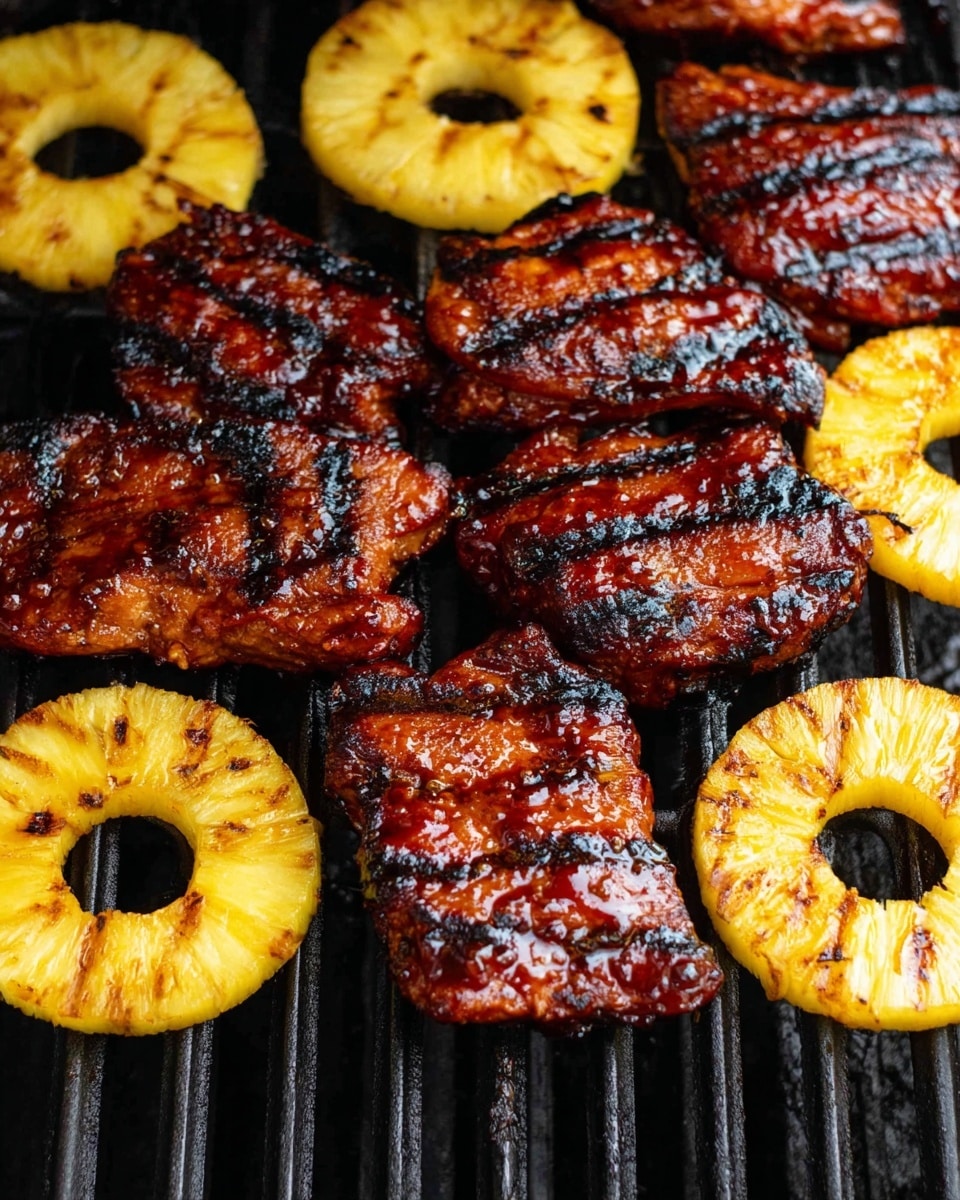 A close-up view of a grill with nine pieces of grilled meat and six rings of grilled pineapple. The meat pieces are dark reddish-brown with char marks, showing a shiny glaze and slightly blackened edges. The pineapple rings are bright yellow with visible grill lines, evenly spaced around the meat. The grill bars are black, and the background is simple and dark, emphasizing the colors and textures of the grilled items. Photo taken with an iphone --ar 4:5 --v 7