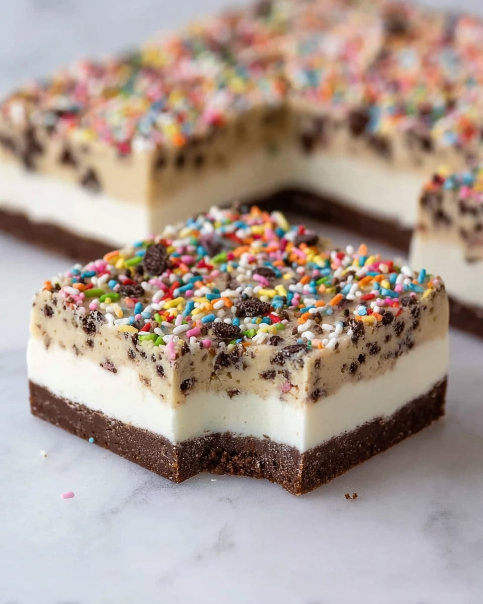 The image shows a square dessert bar with three clear layers placed on a white marbled surface. The bottom layer is thin and dark brown with a firm texture, looking like a brownie or chocolate crust. The middle layer is thick, creamy, white, and smooth, resembling vanilla ice cream or a soft cheesecake. The top layer is the thickest, beige in color with a rough texture full of mini chocolate chips and colorful sprinkles scattered on top, creating a lively and festive look. One piece is cut and slightly pulled out from the main bar, showing the clean separation and thickness of each layer. Photo taken with an iphone --ar 4:5 --v 7