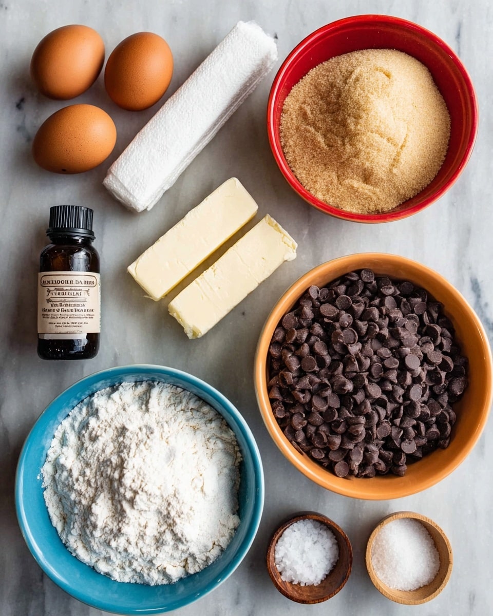 An arrangement of baking ingredients is shown on a white marbled surface: two brown eggs on the top left, two sticks of butter wrapped in white paper positioned diagonally below the eggs, a red bowl filled with light brown sugar at the top right, a white bowl full of dark chocolate chips at the bottom left, a blue bowl filled with white flour next to the brown sugar bowl, an orange bowl containing white granulated sugar just below the butter, a small blue bowl with white baking powder beside the flour, and a tiny wooden bowl holding salt at the bottom right; also included is a dark brown bottle labeled vanilla extract at the bottom left. photo taken with an iphone --ar 4:5 --v 7
