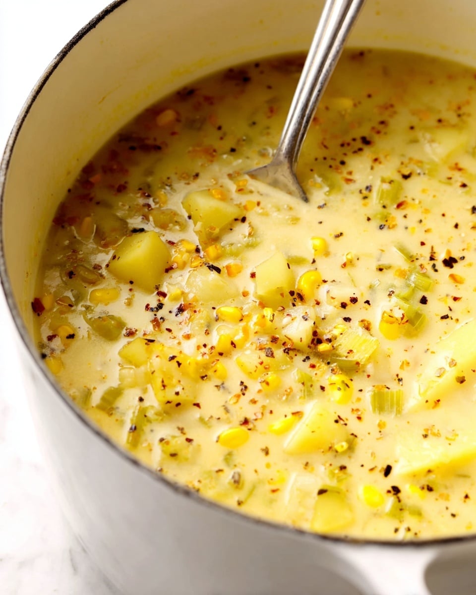 A close-up of a white pot filled with creamy yellow soup that has small chunks of yellow potatoes, bright yellow corn kernels, and green celery pieces spread throughout. The soup has black and red seasoning flakes scattered on the surface, giving it a speckled texture. A silver spoon rests inside the pot, against the soup, with the white marbled surface seen underneath the pot. photo taken with an iphone --ar 4:5 --v 7