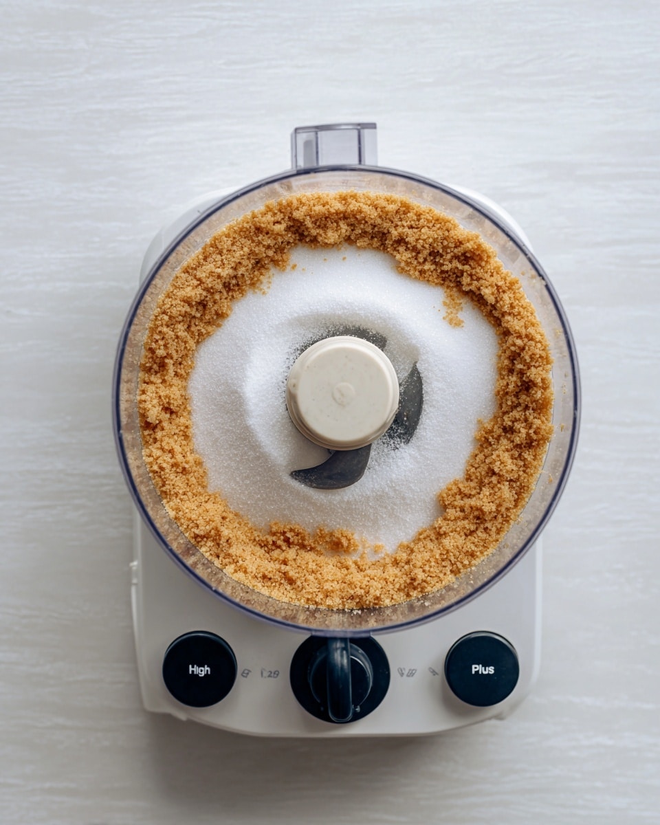 A top view of a white food processor bowl filled with two layers: the bottom layer is light brown crumbly crumbs arranged around the edges, and the top layer is a dome of fine, white granulated sugar covering the center. The clear plastic lid of the food processor shows the metal blade in the middle. The food processor base is white with two black buttons labeled