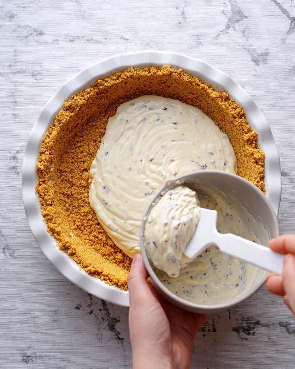 A white pie dish holds a thick, crumbly golden crust pressed evenly against its bottom and sides. A woman's hand is using a white spatula to scoop a creamy, pale mixture with small dark bits from a light gray bowl and add it onto the crust’s center. The creamy layer is smooth and thick, with a light texture dotted by the small dark pieces. The scene is set on a white marbled surface. Photo taken with an iphone --ar 4:5 --v 7