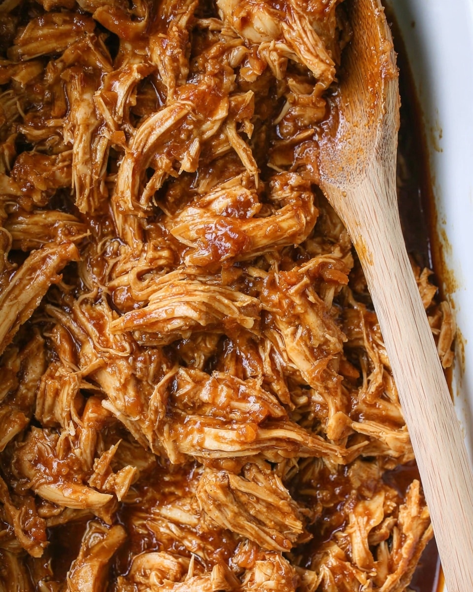 Close-up image of shredded meat covered in a thick, glossy brown sauce mixed evenly throughout. The texture shows a mix of small and slightly bigger pieces, with the sauce making them look juicy and soft. A wooden spoon sits on the right side, partially covered with sauce, resting in the meat. The meat and sauce fill the entire white marbled surface, showing rich caramel tones and strands of fibrous meat. Photo taken with an iphone --ar 4:5 --v 7