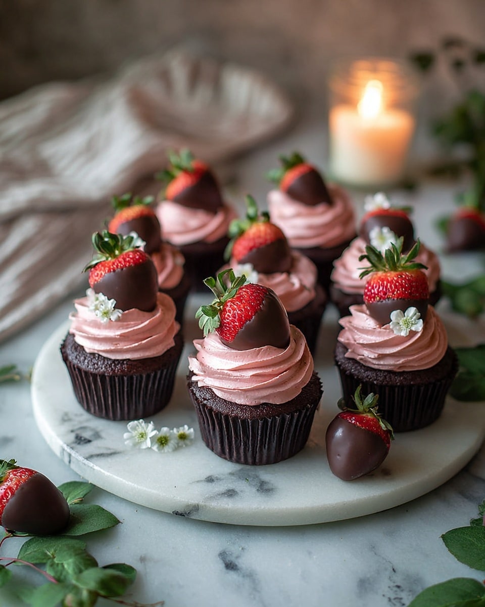 Seven chocolate cupcakes are arranged on a round white marble plate. Each cupcake has a dark brown base and is topped with a swirl of thick pink frosting. On top of the frosting, there is a whole strawberry dipped in dark chocolate with the red part showing at the top and green leaves attached. Small white flowers are placed on some cupcakes as decoration. The plate sits on a white marbled surface with green leaves and extra strawberries covered in chocolate nearby. In the background, a lit candle adds warm light, and there is a soft striped cloth. Photo taken with an iphone --ar 4:5 --v 7