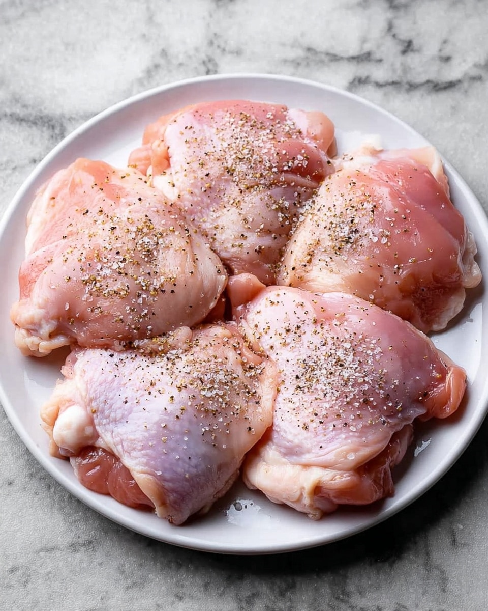 A white round plate holds five pieces of raw light pink chicken thighs arranged in a circular pattern, touching each other. The chicken thighs have a shiny, smooth texture and are sprinkled with coarse black pepper and white salt on top. The plate is placed on a white marbled surface. Photo taken with an iphone --ar 4:5 --v 7