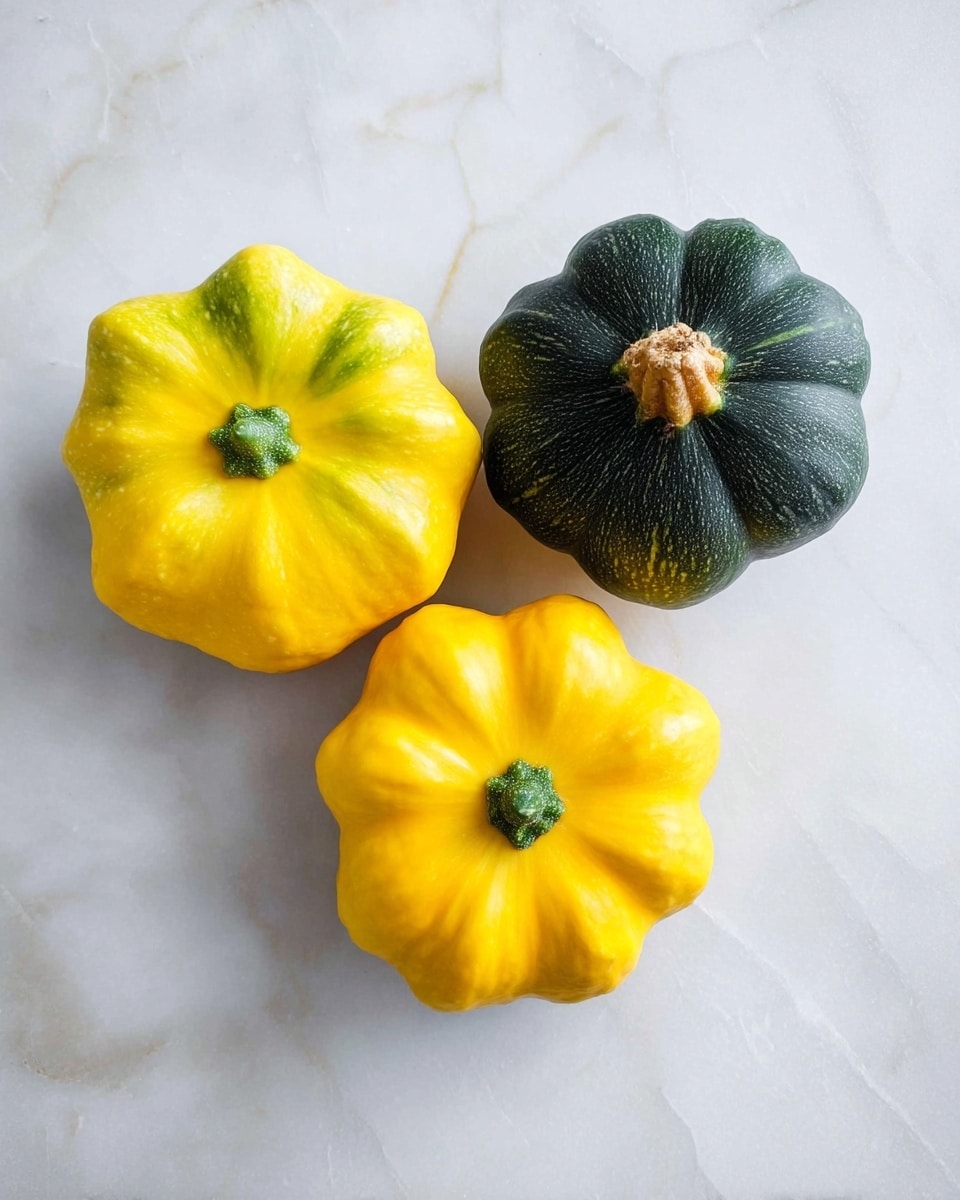 The image shows three small pattypan squashes on a white marbled surface, arranged in a loose triangle. Two of the squashes are bright yellow with smooth, shiny skin and scalloped edges. They have small green stems at the center. The third squash is dark green with a similar scalloped shape and a rougher texture near its brown stem in the center. The light reflects softly on the shiny surfaces, highlighting the squashes’ rounded, wavy forms. photo taken with an iphone --ar 4:5 --v 7