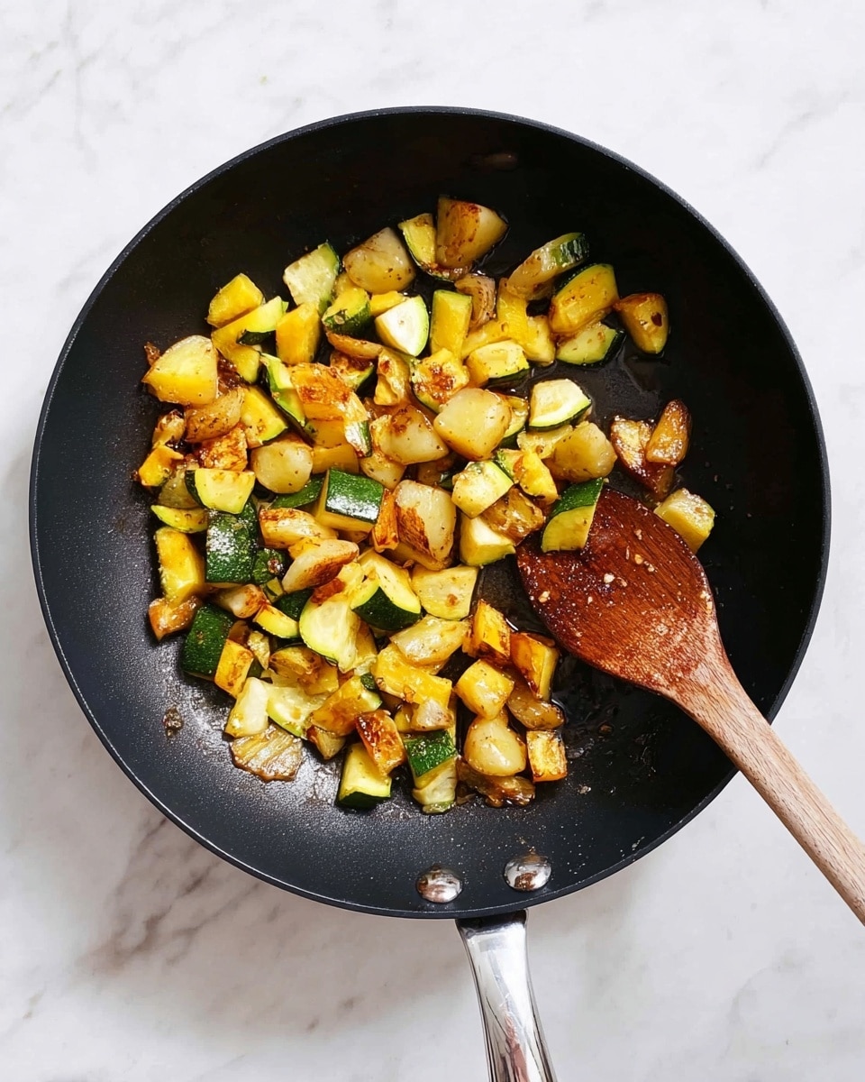 A black frying pan with a silver handle sits on a white marbled surface, filled with small, lightly browned pieces of yellow and green squash that have a slightly crisp texture. Mixed in are tender pieces of light golden potato chunks with some edges turning a deeper brown. A wooden spoon with a smooth texture rests inside the pan on the right side, coated lightly with cooking oil and bits of seasoning, adding a rustic touch to the scene. The colors of the vegetables contrast well with the dark pan and white background, showing a simple, fresh sautéed vegetable dish photo taken with an iphone --ar 4:5 --v 7