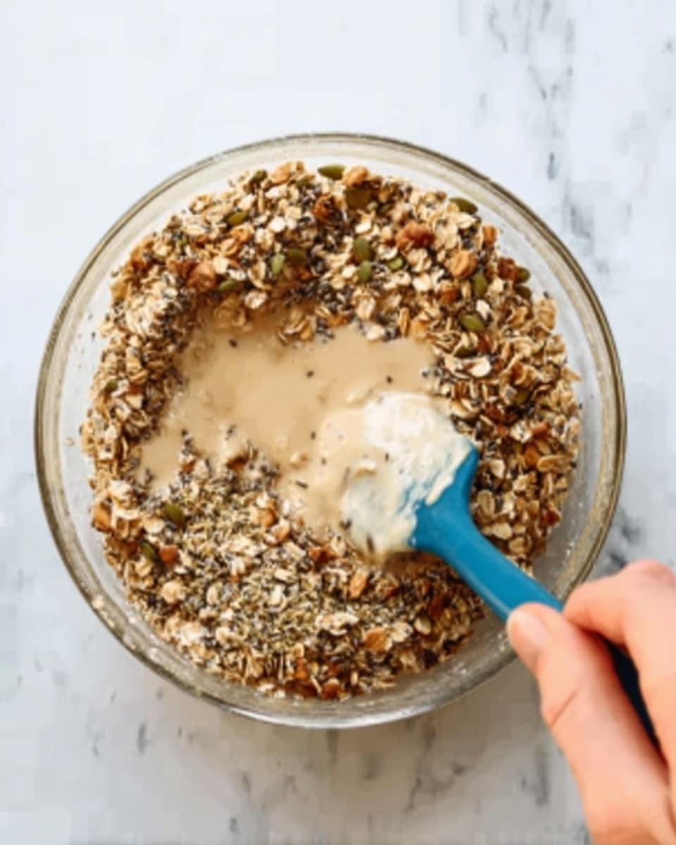 A clear glass bowl on a white marbled surface holds a mix of dry oats and seeds, mostly light brown and beige in color with some darker seeds scattered throughout. A light beige creamy liquid is being stirred into the mixture with a blue silicone spatula held by a woman's hand at the bottom of the image. The oats and seeds form the base layer, with the creamy liquid spreading unevenly on top as it blends in. photo taken with an iphone --ar 4:5 --v 7