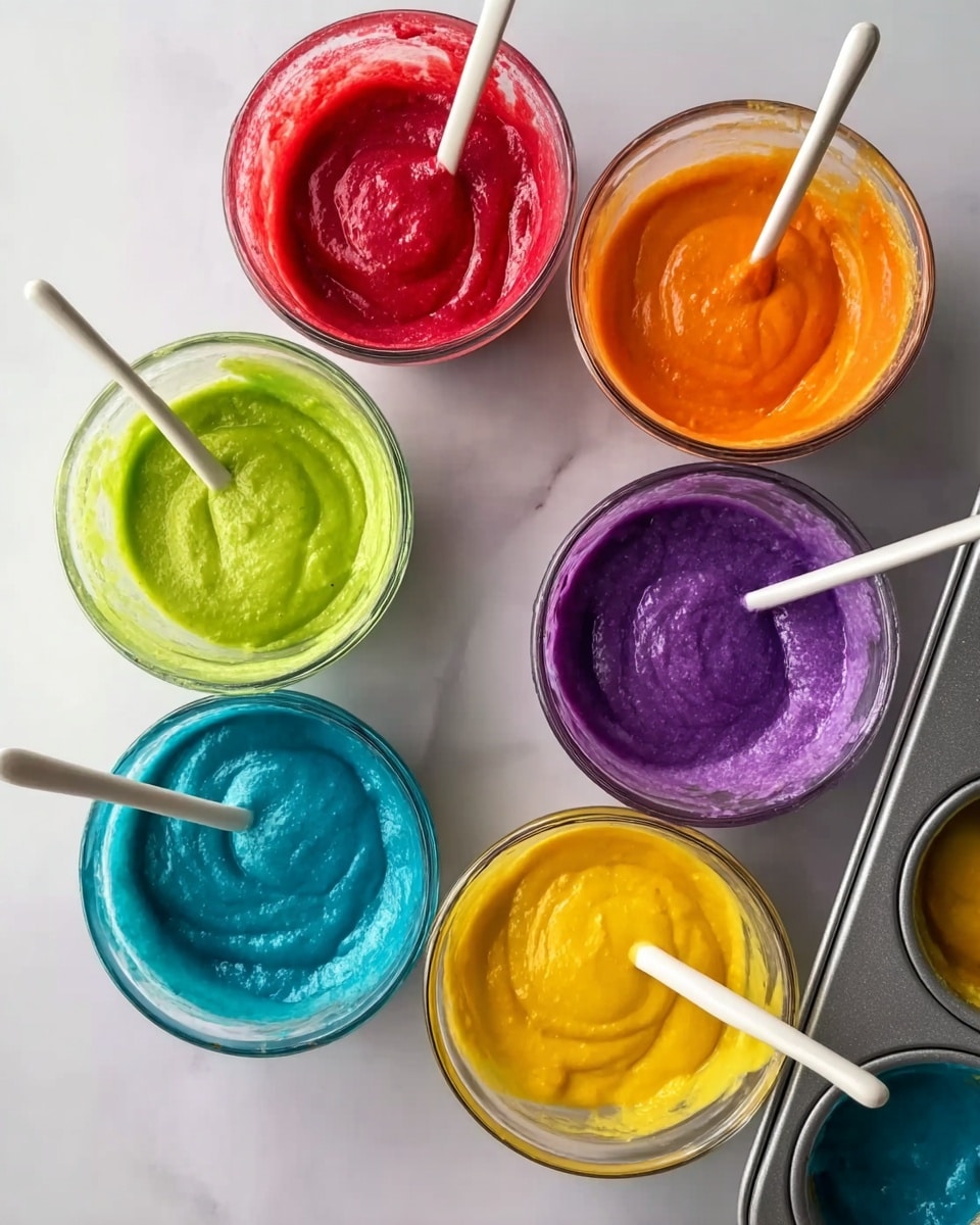 The image shows five small clear glass bowls arranged around a muffin tray with a white marbled background. Each bowl holds a smooth, colorful batter or sauce with a white spoon inside. The colors from top center clockwise are bright red, orange, yellow, purple, and bright blue, with green in the top left. The vibrant mixture textures look creamy and even, ready to be used in the muffin tray that is partially visible on the right side. photo taken with an iphone --ar 4:5 --v 7