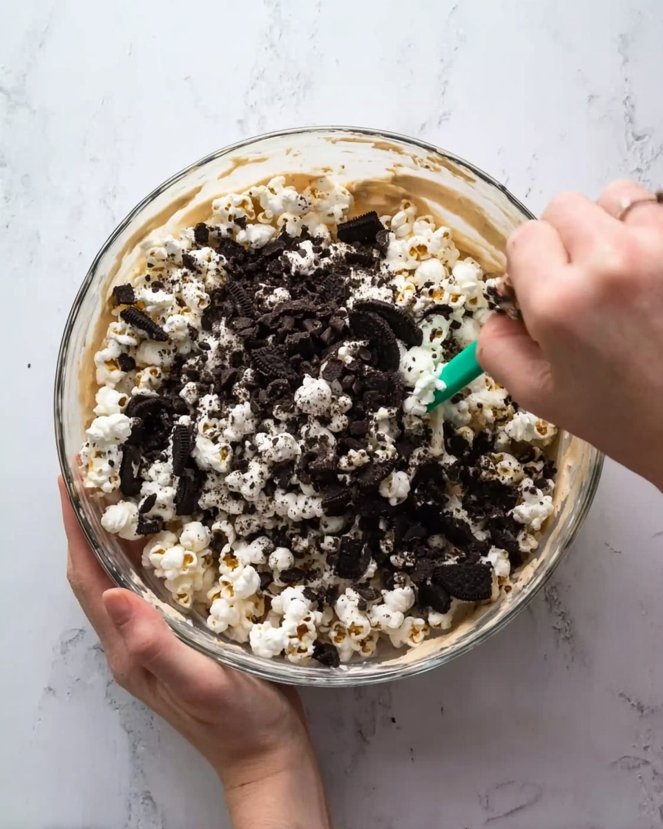 The image shows a clear glass bowl filled with a mixture that has about three layers visible. The bottom layer looks creamy and light beige. On top of that, there is a thick layer of white popcorn, some of which is mixed into the creamy layer. The top layer is made up of crushed dark chocolate cookies scattered unevenly over the popcorn. A woman's hand holds the bowl steady while another woman's hand uses a green spatula to stir the mixture. The background is a white marbled surface. photo taken with an iphone --ar 4:5 --v 7