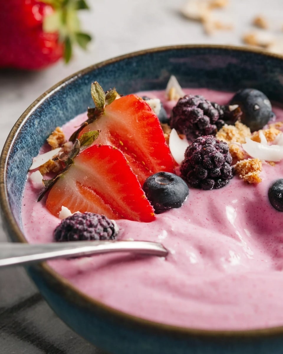 A close-up of a bowl filled with thick pink yogurt or smoothie, with a smooth and creamy texture. On top, there are three slices of red strawberries, several dark blackberries, and a few plump blueberries scattered around, along with small bits of granola and white flakes. A silver spoon is dipped in the yogurt, resting near the right edge of the bowl. The bowl is round with blue tones on the outside, placed on a white marbled surface. In the background, part of a whole strawberry is visible, slightly blurred photo taken with an iphone --ar 4:5 --v 7