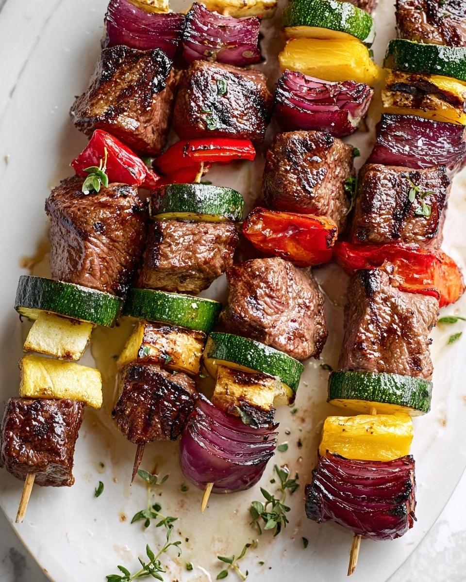 Four metal skewers lie on a large white oval plate with light speckles. Each skewer holds a mix of thick, grilled dark brown beef cubes with slight char marks, separated by pieces of grilled vegetables including green zucchini slices, yellow squash slices, red bell pepper slices, and purple onion wedges. The pieces are arranged alternately, creating a colorful pattern on each skewer. Small green herb bits are sprinkled over the meat and plate, and some light brown juice pools near the center. Fresh parsley sits on the right side of the plate. The plate rests on a white marbled surface with a gray and white striped cloth nearby. Photo taken with an iphone --ar 4:5 --v 7