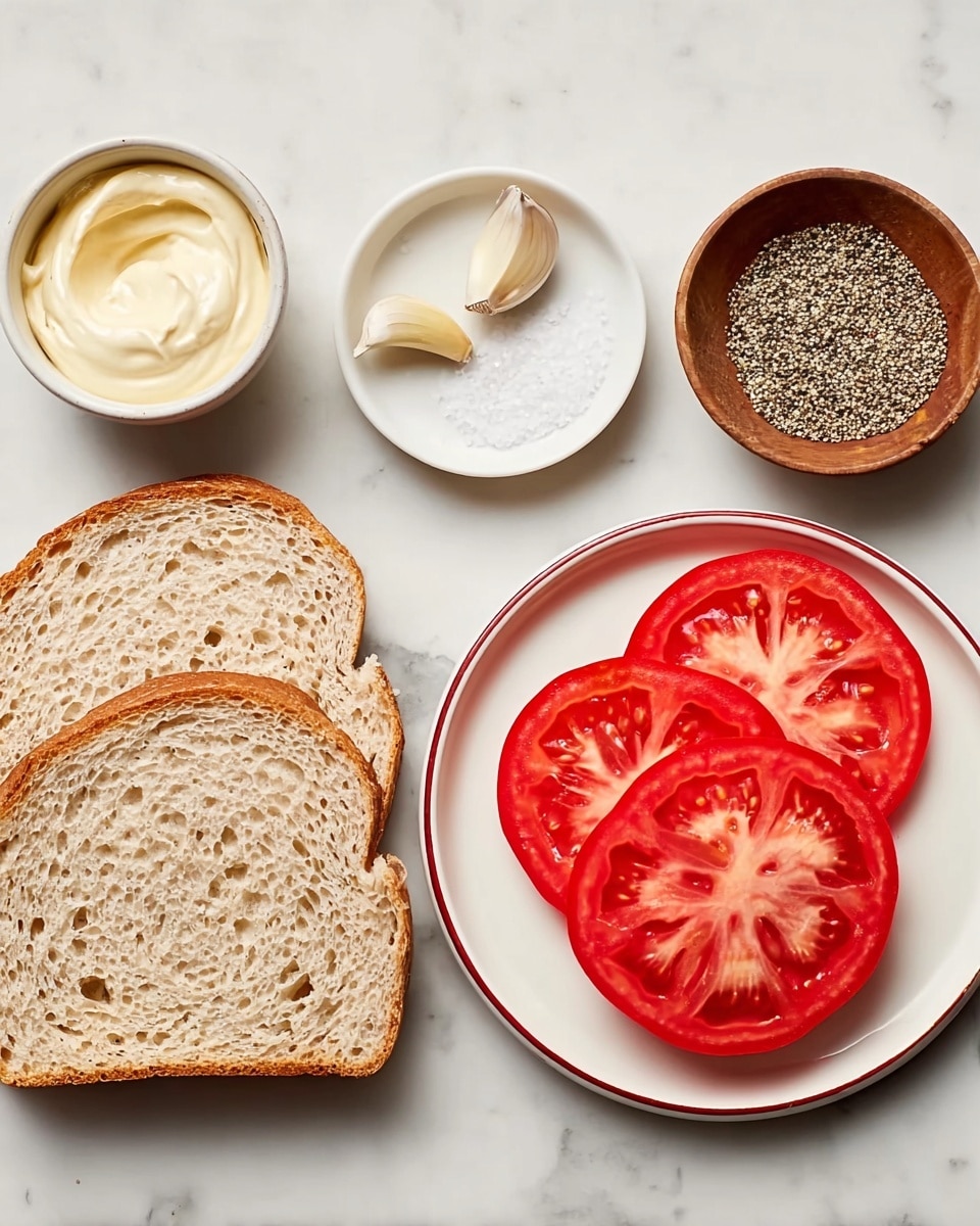The image shows two slices of light brown bread with an airy texture on the left side. Above the bread, there is a small white bowl filled with creamy pale yellow mayonnaise. Next to the mayonnaise, a small white plate holds two peeled garlic cloves. On the right side of the image, a white plate with a thin red rim holds three bright red tomato slices, layered slightly on top of each other, showing the seeds and juicy texture inside. Above the tomato plate, there is a small wooden bowl filled with coarse black pepper, and next to it, a white bowl with coarse white salt. All items are placed on a white marbled surface. photo taken with an iphone --ar 4:5 --v 7