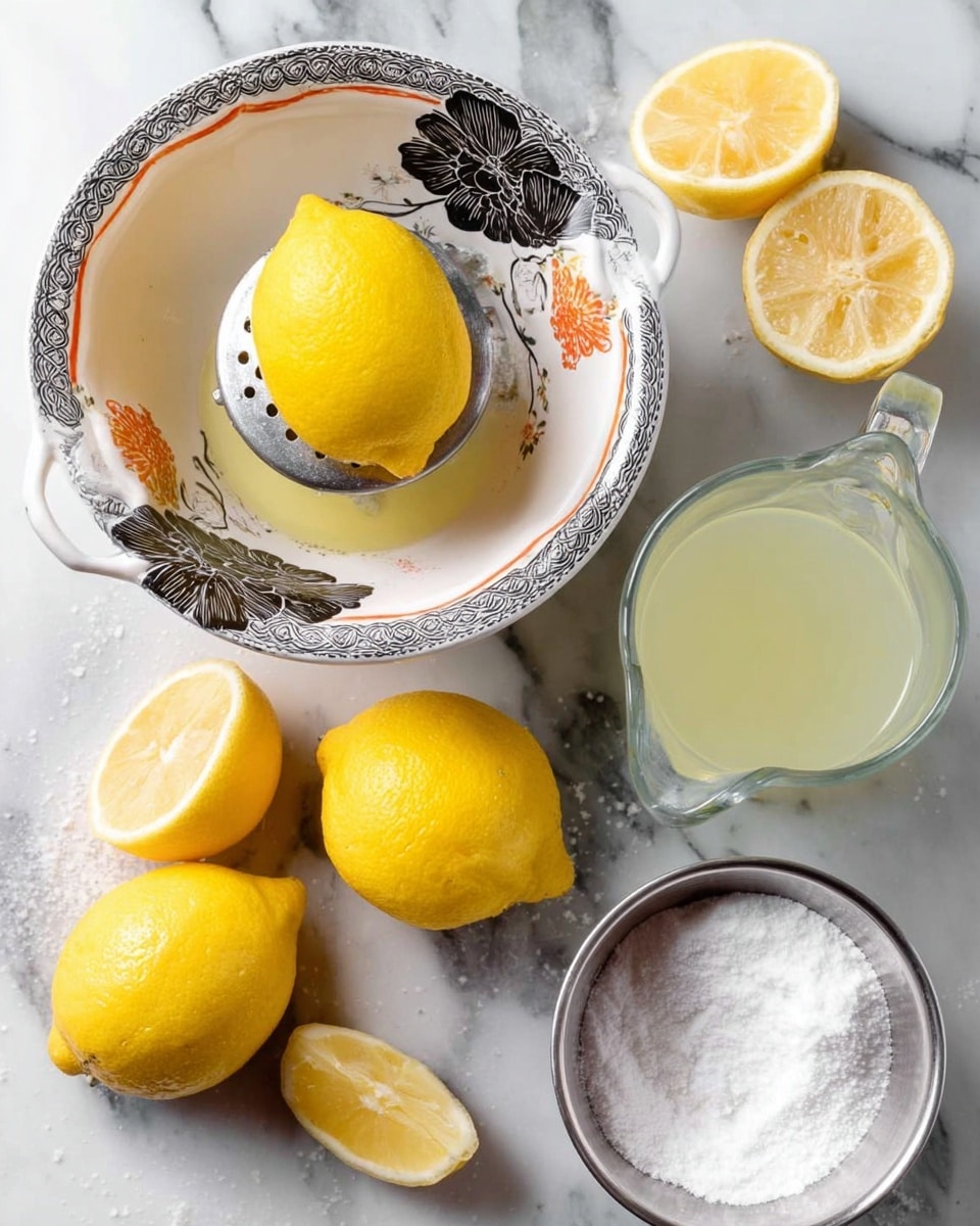The image shows ingredients for lemon juice preparation on a white marbled surface. There is a white bowl with black and orange floral patterns, holding a lemon placed on a juicer with visible lemon juice below. Around it, there are lemon wedges and whole lemons showing bright yellow color and textured peel. Near them, a stainless steel bowl is filled with fine, white powdered sugar. A glass measuring cup contains a pale yellow liquid, probably lemon juice. The colors are soft and fresh, and the scene is neatly arranged. photo taken with an iphone --ar 4:5 --v 7