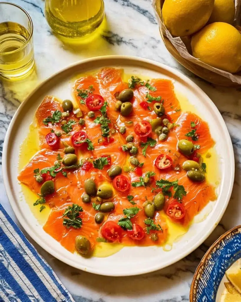 Salmon Crudo with Tomato-Lemon Dressing and Mediterranean Garnishes Recipe